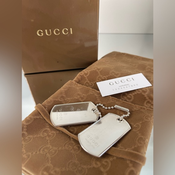 GUCCI Double Dog Tag Silver 925 Ball Chain Necklace Top Charm - Picture 1 of 9